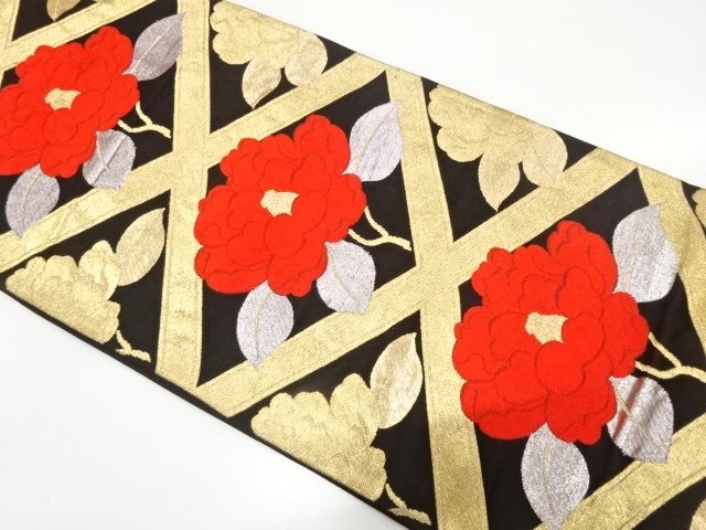 JAPANESE KIMONO / ANTIQUE FUKURO OBI / SILK / WOVEN CAMELLIA